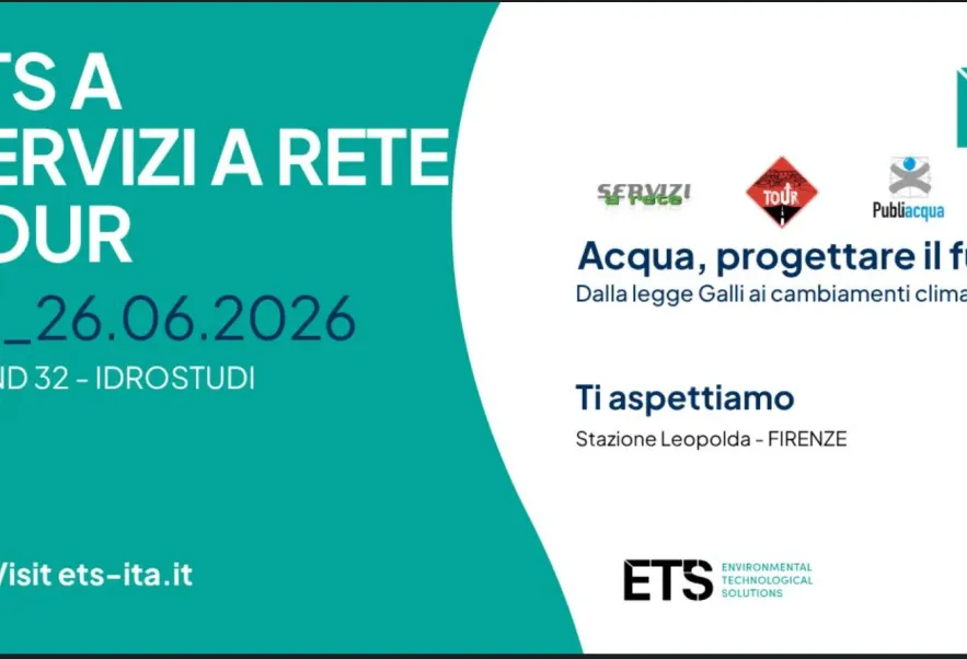 Locandina di ETS a Servizi a Rete Tour, 25 e 26 giugno 2026, stand 32 con Idrostudi, alla Stazione Leopolda di Firenze