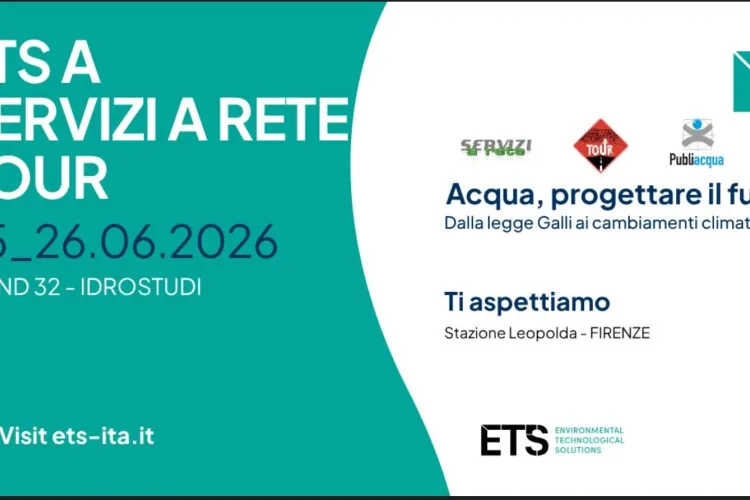 Locandina di ETS a Servizi a Rete Tour, 25 e 26 giugno 2026, stand 32 con Idrostudi, alla Stazione Leopolda di Firenze