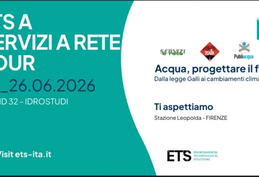 Locandina di ETS a Servizi a Rete Tour, 25 e 26 giugno 2026, stand 32 con Idrostudi, alla Stazione Leopolda di Firenze