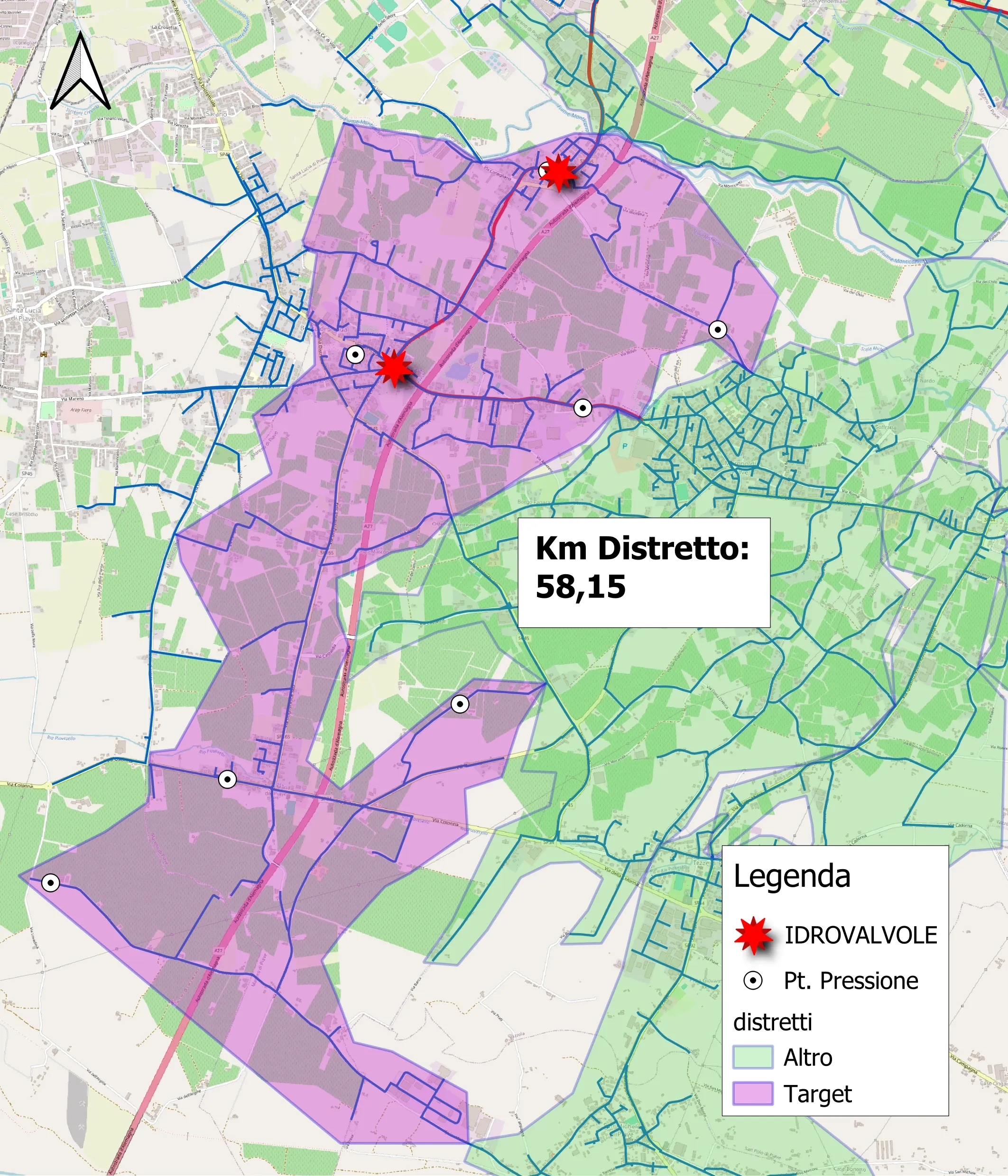 Mappa di un distretto della rete con idrovalvole e punti di misura della pressione